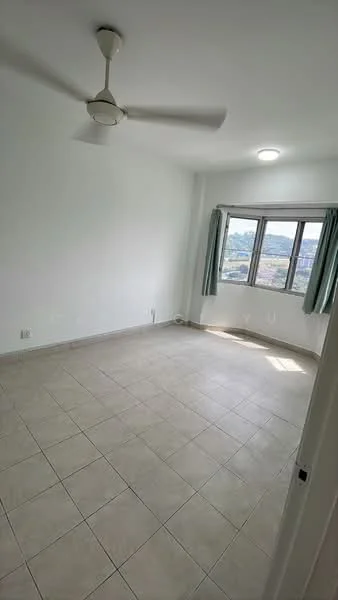 Room features: white painted walls, tile flooring, 5-blade ceiling fan, three windows with green curtains, natural light from windows, corner view, neutral color scheme; style: modern; view: city.