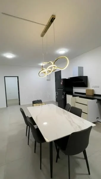 Dining features: marble dining table, 6-seater dining table, black dining chairs, modern pendant light fixture, white cabinetry, black refrigerator, black countertop, grey cabinetry, tile flooring, recessed ceiling lights; style: modern.