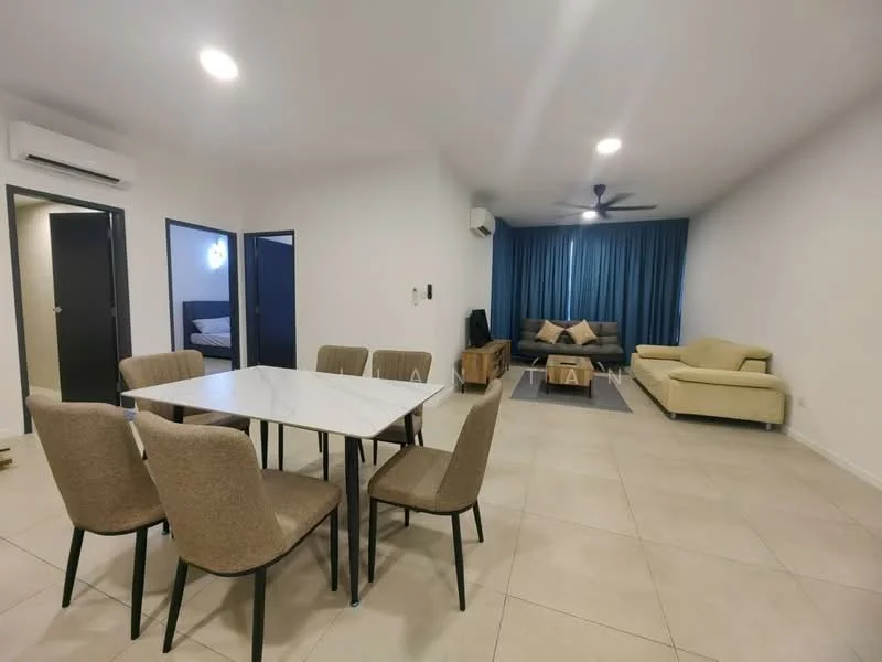 Living features: light grey walls, cream tiled flooring, 5-blade ceiling fan with light, sofa in beige, coffee table, area rug, floor-to-ceiling curtains in blue, wall-mounted TV, decorative cushions; style: modern. Dining features: 6-seater dining table with white top, beige upholstered dining chairs, wall-mounted air conditioning unit; style: modern. Room features: dark door, light grey walls, cream tiled flooring.