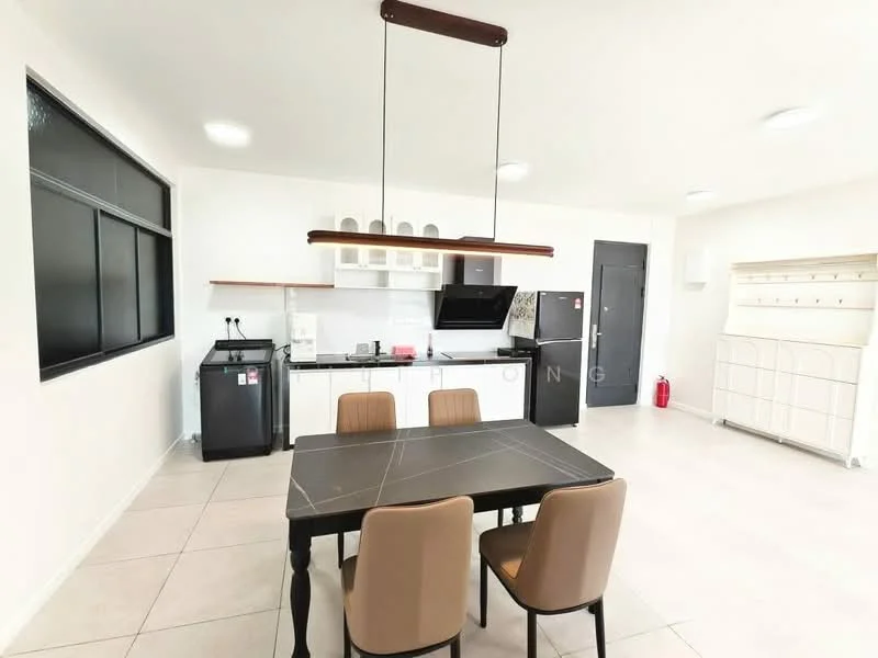 Kitchen features: white cabinetry, black countertop, stainless-steel sink, chrome pull-down faucet, built-in oven, freestanding fridge, 4-burner gas hob, black range hood, tile flooring, pendant lighting, dining table with 4 chairs, floor-to-ceiling windows; style: modern.