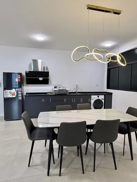 Kitchen features: black cabinetry, white marble dining table, 6 black dining chairs, stainless-steel fridge, built-in oven, microwave, single-bowl stainless-steel sink, chrome pull-down faucet, black countertop, pendant light fixture, tile flooring, window with black frame; style: modern.