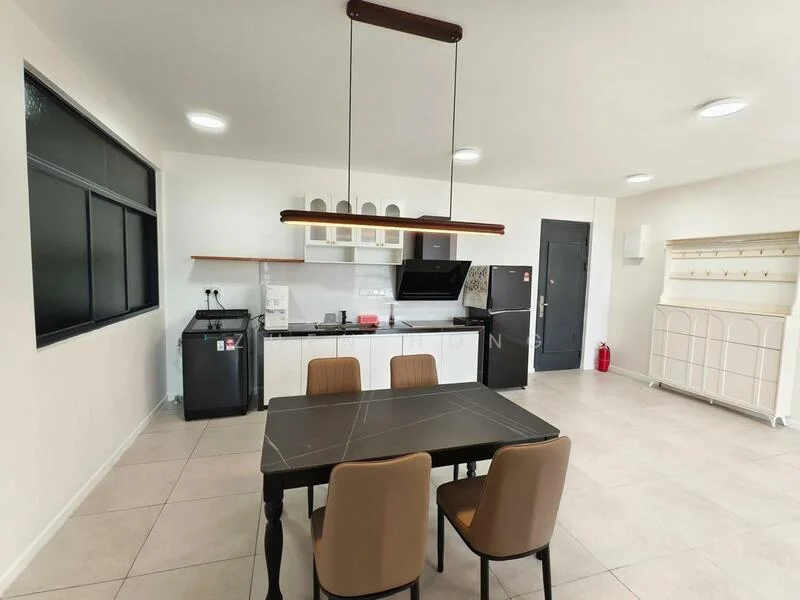 Kitchen features: white cabinetry, black countertop, stainless-steel sink, chrome pull-down faucet, built-in gas stove, built-in oven, black refrigerator, dining table with four chairs, tile flooring, large window, recessed downlights, open shelving, wall-mounted storage unit; style: modern.
