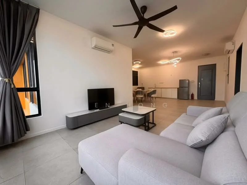 Living features: light grey fabric sofa, coffee table, wall-mounted TV, TV console, 5-blade ceiling fan with light, recessed LED downlights, floor-to-ceiling windows, grey curtains, air conditioning unit, tile flooring; style: modern; view: city.
