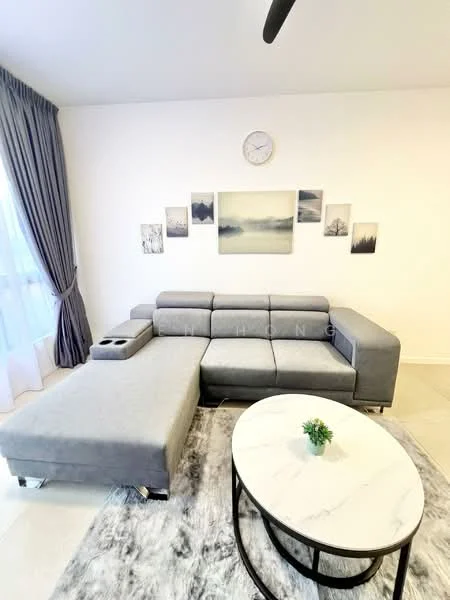 Living features: L-shape sectional sofa in grey, coffee table with marble top, area rug with geometric pattern, wall-mounted clock, framed artwork on wall, floor-to-ceiling windows with sheer curtains, light grey painted walls, ceiling fan; style: modern.