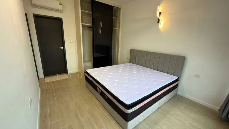 Bedroom features: queen-size bed with grey upholstered headboard, light wood flooring, white painted walls, built-in wardrobe with sliding doors, 1 wall-mounted split AC, modern wall sconce lighting, black door, window with no visible treatment; style: modern.