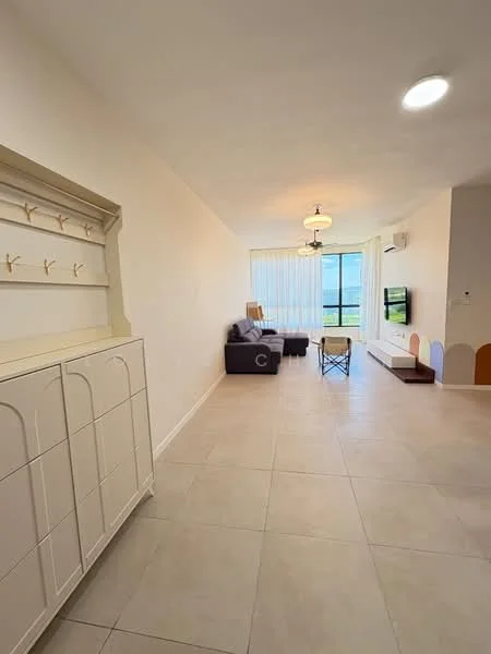 Living features: white painted walls, tile flooring, recessed downlights, 2 ceiling pendant lights, sofa in dark grey fabric, coffee table, TV console, wall-mounted TV, floor-to-ceiling windows with sheer curtains, view of outdoor space; style: modern; view: garden.