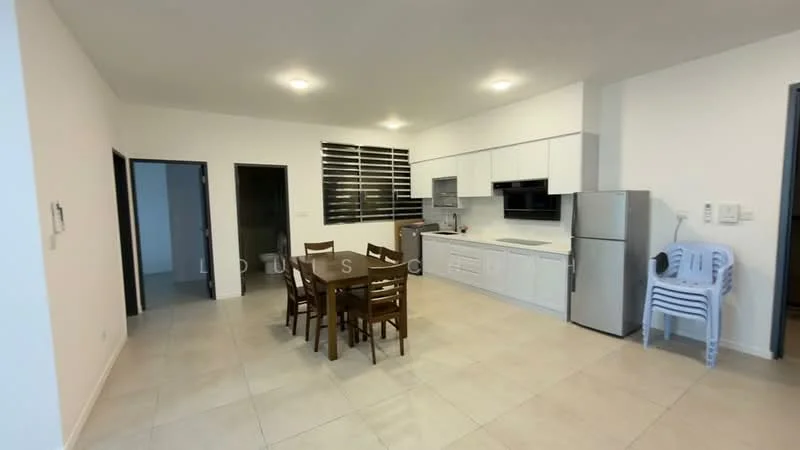 Kitchen features: white cabinetry, grey countertop, stainless-steel fridge, built-in oven, freestanding range oven, single-bowl stainless-steel sink, chrome pull-down faucet, ceramic tile flooring, recessed downlights, dining table with 6 chairs, window with horizontal blinds; style: modern. Room features: cream painted walls, tile flooring.