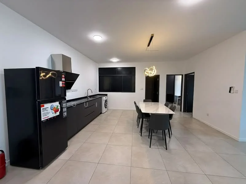 Kitchen features: black cabinetry, white countertop, stainless-steel sink, chrome pull-down faucet, built-in oven, freestanding range oven, stainless-steel fridge, dining table with white top, 6 black dining chairs, pendant light fixture, tile flooring, large window, open layout; style: modern.