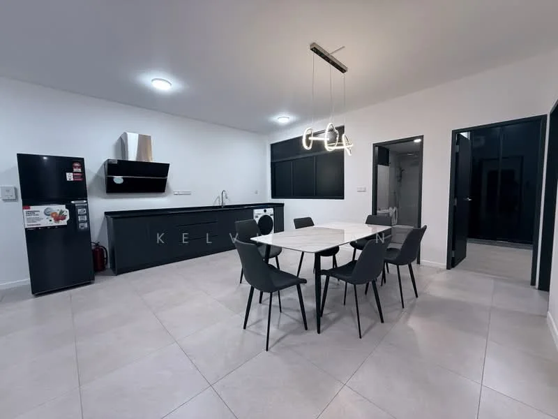 Kitchen features: black cabinetry, white countertop, stainless-steel sink, chrome pull-down faucet, built-in oven, freestanding range oven, black refrigerator, white washing machine, 6-seater dining table, black dining chairs, pendant lighting, recessed ceiling lights, tile flooring, grey walls, large window; style: modern.