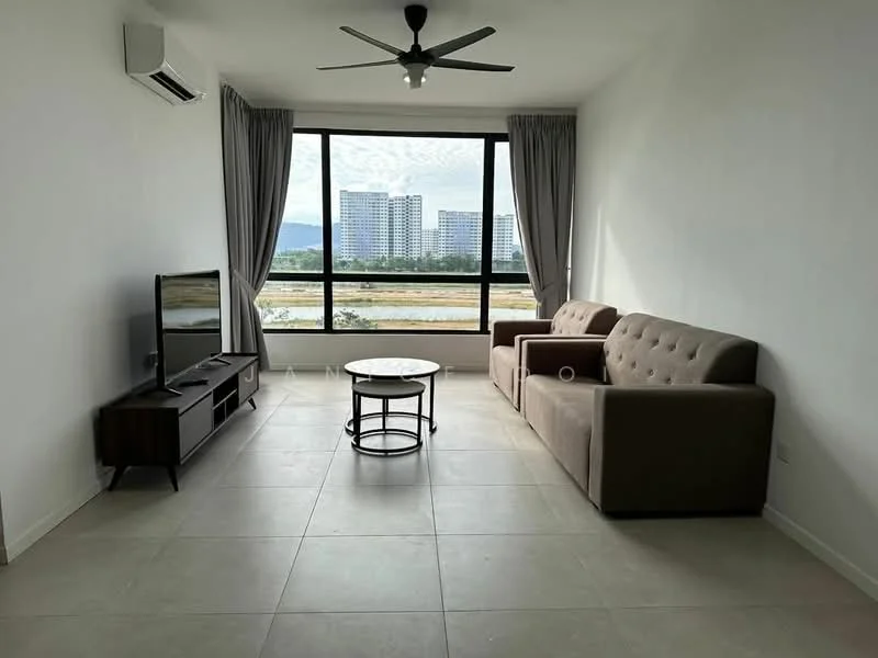 Living features: floor-to-ceiling windows, 2-seater fabric sofa in beige, 3-seater fabric sofa in beige, round coffee table with metal base, wall-mounted TV, 1 wall-mounted split AC, light grey tiled flooring, curtains in light grey, ceiling fan with light, neutral painted walls; style: modern; view: city.