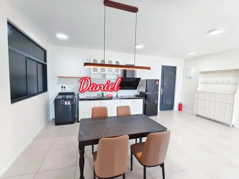 Kitchen features: white cabinetry, black countertop, stainless-steel fridge, built-in oven, freestanding range oven, single-bowl stainless-steel sink, chrome pull-down faucet, pendant lighting, dining table with four chairs, tile flooring, large windows, open layout; style: modern.