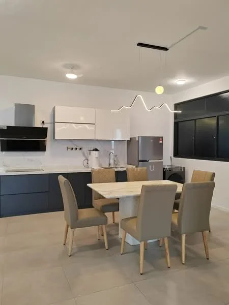 Kitchen features: white cabinets, grey lower cabinets, marble countertop, stainless-steel sink, chrome pull-down faucet, built-in oven, stainless-steel fridge, 4-burner gas hob, pendant light, dining table with marble top, 6 upholstered dining chairs, tile flooring, recessed ceiling lights, large windows; style: modern.
