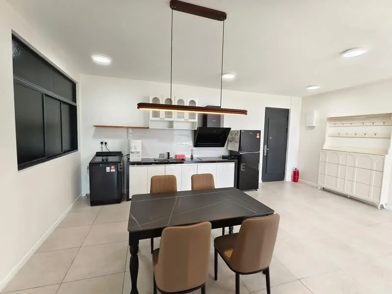 Kitchen features: white cabinetry, black countertop, stainless-steel sink, chrome pull-down faucet, built-in stove, built-in oven, refrigerator, dining table with 4 chairs, pendant lighting, tile flooring, large window, open shelving, fire extinguisher, wall-mounted cabinet; style: modern.
