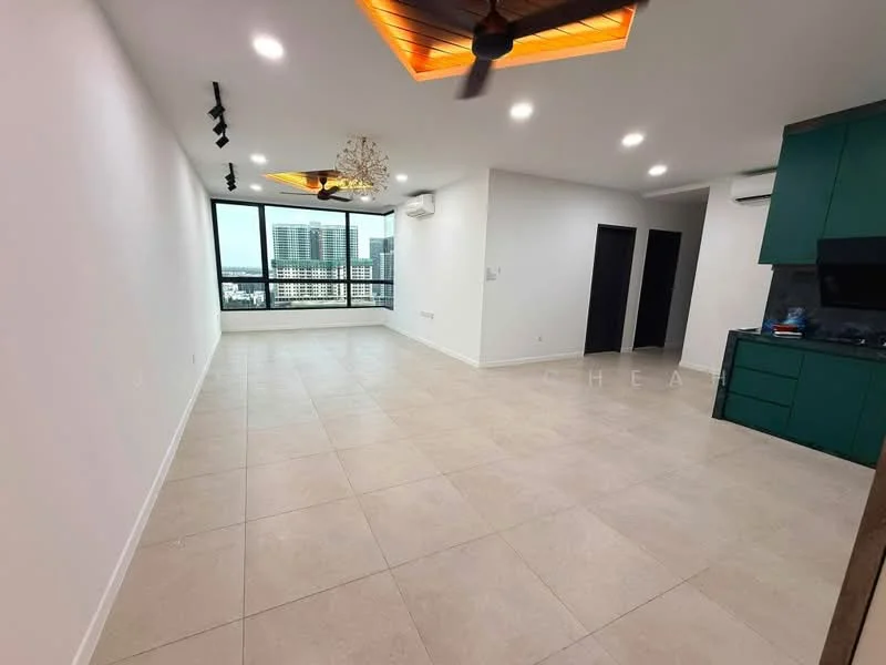 Living features: white painted walls, tile flooring, tray ceiling with wooden accents, recessed LED downlights, ceiling fan, large floor-to-ceiling windows, city view, open layout, green cabinetry, kitchenette area; style: modern; view: city.