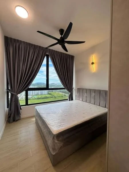 Bedroom features: queen-size bed, upholstered headboard, 5-blade ceiling fan with light, floor-to-ceiling windows, grey curtains, wooden flooring, wall-mounted sconce, decorative wall paneling; style: modern; view: garden.