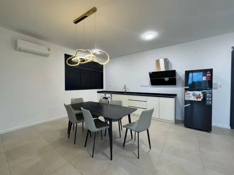 Dining features: 6-seater dining table, black dining table, grey upholstered dining chairs, white cabinetry, black countertop, stainless-steel sink, chrome pull-down faucet, built-in oven, stainless-steel range hood, refrigerator, wall-mounted split AC, pendant lighting, tile flooring, white painted walls; style: modern.