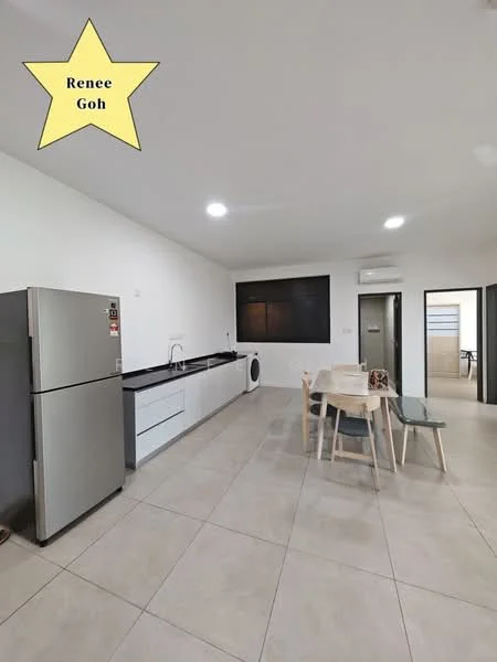 Kitchen features: white shaker cabinets, black countertop, single-bowl stainless-steel sink, chrome pull-down faucet, built-in oven, freestanding range oven, stainless-steel fridge, washing machine, tile flooring, recessed downlights, wall-mounted split AC; style: modern.