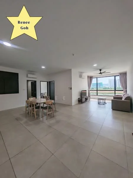 Living features: large floor-to-ceiling windows, grey tiled flooring, white painted walls, 5-blade ceiling fan, sofa in beige, dining table with four chairs, curtains in light fabric, air conditioning unit on wall; style: modern; view: city.