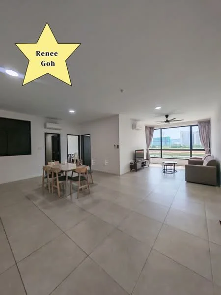 Living features: large floor-to-ceiling windows, grey sofa, wooden dining table with four chairs, light-coloured tiled flooring, ceiling fan, recessed downlights, curtains, air conditioning unit, neutral painted walls, open layout, view of the city skyline; style: modern; view: city.