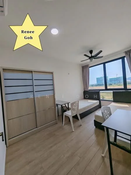 Room features: light wood flooring, white painted walls, ceiling fan, large window with city view, curtains, built-in wardrobe with sliding doors, single bed frame, study desk, plastic dining chairs; style: modern; view: city.