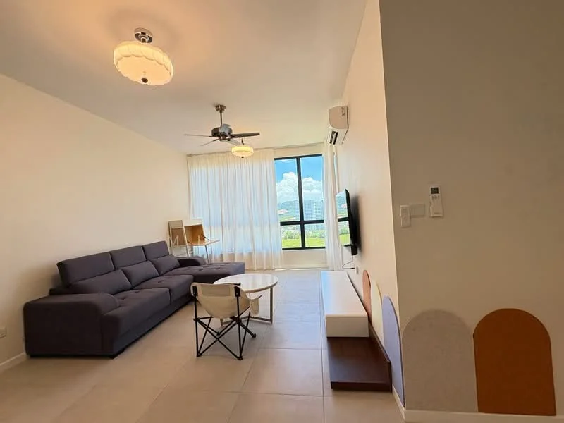 Living features: 3-seater fabric sofa in grey, ceiling fan, coffee table, wall-mounted TV, TV console, floor-to-ceiling windows, sheer curtains, light-colored tiled flooring, decorative wall with curved accents, armchair, recessed downlights; style: modern; view: city.
