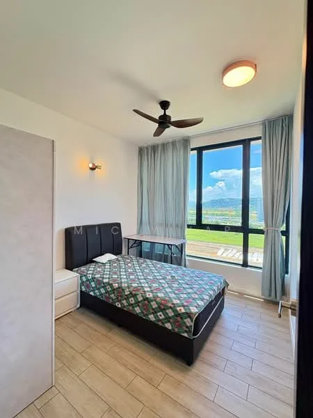 Bedroom features: queen-size bed with upholstered headboard, 2 bedside tables, ceiling fan with light, floor-to-ceiling windows, curtains, wooden flooring, wall-mounted light fixture, desk with chair; style: modern; view: garden.