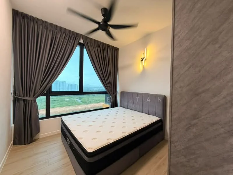Bedroom features: king-size bed, upholstered headboard, floor-to-ceiling windows, blackout curtains, 5-blade ceiling fan, wooden flooring, decorative wall light, view of city skyline; style: modern; view: city.