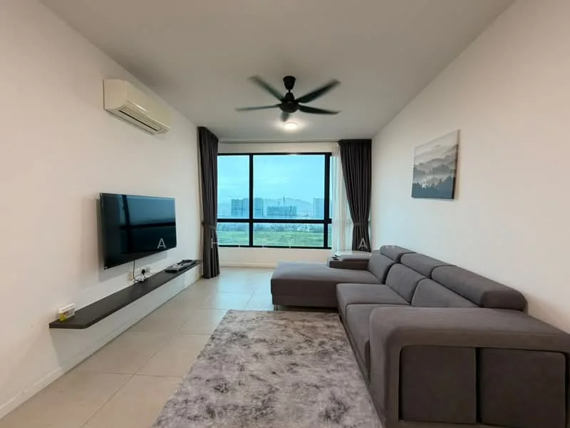 Living features: 3-seater fabric sofa in grey, L-shape sectional sofa, wall-mounted TV, TV console, area rug with geometric pattern, floor-to-ceiling windows, blackout curtains, 1 wall-mounted split AC, ceiling fan, decorative artwork, light-colored walls, tile flooring; style: modern; view: city.