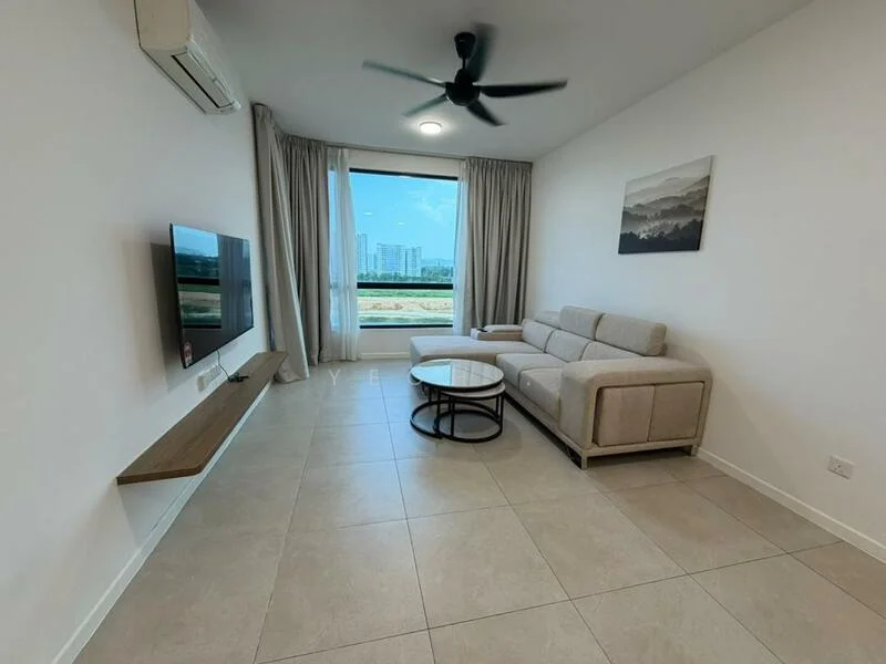 Living features: 3-seater fabric sofa in light grey, round coffee table with black metal base, wall-mounted flat-screen TV, wooden TV console, floor-to-ceiling window, curtains in light fabric, light beige tiled flooring, 1 wall-mounted split AC, 5-blade ceiling fan with light; style: modern; view: city.