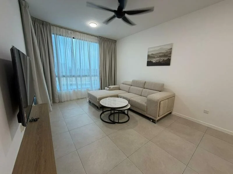 Living features: 3-seater fabric sofa in light grey, round coffee table with black metal base, wall-mounted TV, light-colored wooden TV console, floor-to-ceiling windows, sheer curtains, recessed downlights, ceiling fan, tile flooring in light beige, decorative wall art; style: modern; view: city.
