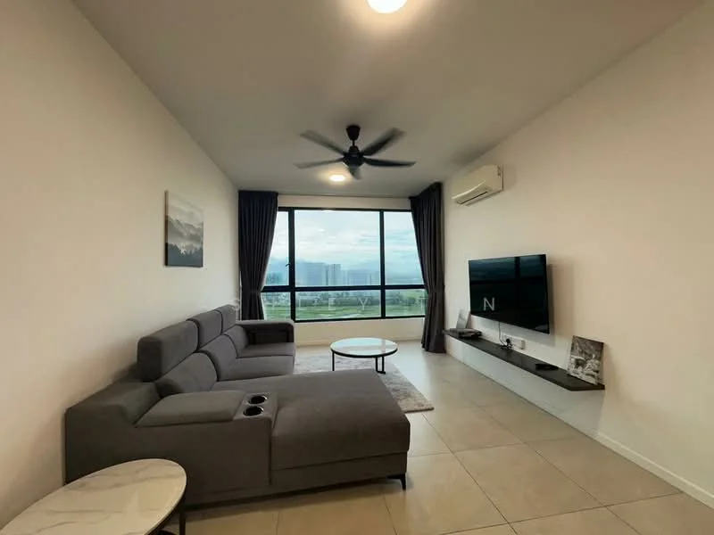 Living features: 3-seater fabric sofa in grey, coffee table, wall-mounted TV, TV console, floor-to-ceiling windows, curtains, ceiling fan, air conditioning unit, light-colored tiled flooring, decorative wall art; style: modern; view: city.