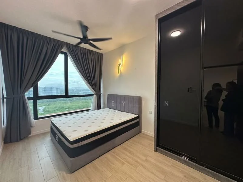 Bedroom features: floor-to-ceiling windows, grey upholstered bed frame, queen-size bed, black sliding wardrobe, 5-blade ceiling fan with light, curtains in dark grey, wooden flooring, decorative wall light; style: modern; view: city.