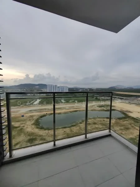 Balcony features: glass railing, tile flooring, outdoor view, concrete ceiling, overhead cover, spacious layout; view: landscape.
