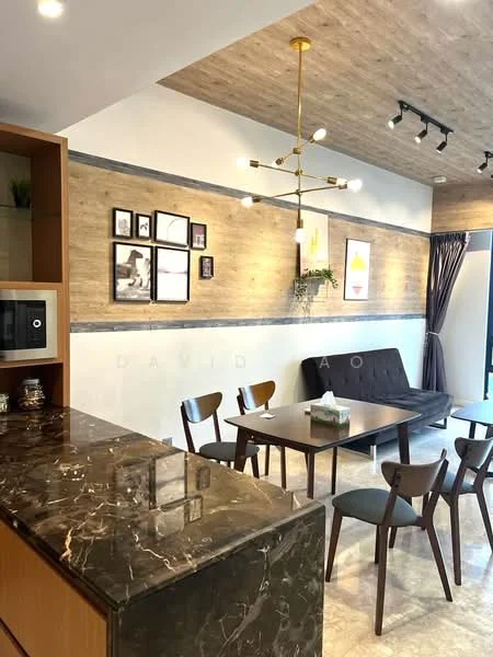 Dining features: dark wood dining table, 4 dining chairs, pendant light fixture with multiple bulbs, wooden accent wall, white painted walls, marble countertop, microwave, framed artwork, decorative plant, floor-to-ceiling windows with curtains, laminate flooring; style: modern.