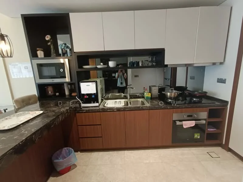 Kitchen features: dark marble countertop, brown wooden cabinetry, stainless-steel sink, chrome pull-down faucet, built-in microwave, freestanding range oven, stainless-steel range hood, kitchen island, open shelving, dishwasher, ceramic tile flooring, recessed downlights; style: modern.