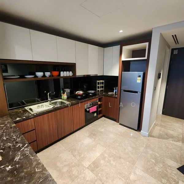 Kitchen features: brown wooden cabinetry, white upper cabinets, black countertop, single-bowl stainless-steel sink, chrome pull-down faucet, built-in oven, stainless-steel fridge, black glass cooktop, microwave, tile backsplash, marble tile flooring, under-cabinet lighting, open shelving, kitchen utensils on countertop; style: modern.