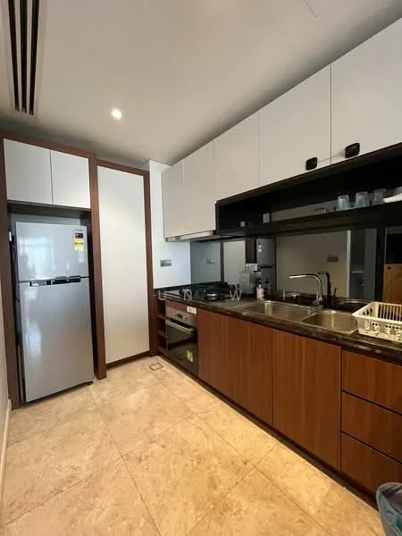 Kitchen features: stainless-steel fridge, built-in oven, double-bowl stainless-steel sink, chrome pull-down faucet, black granite countertop, white upper cabinets, wood lower cabinets, mirror backsplash, recessed downlights, tile flooring, open shelving, dish rack; style: modern.