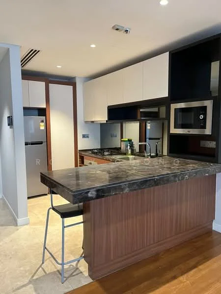 Kitchen features: marble countertop, stainless-steel sink, built-in oven, freestanding range oven, microwave, white cabinetry, glass-front upper cabinets, bar seating with stool, ceramic tile flooring, recessed downlights, wall-mounted refrigerator, kitchen backsplash; style: modern.