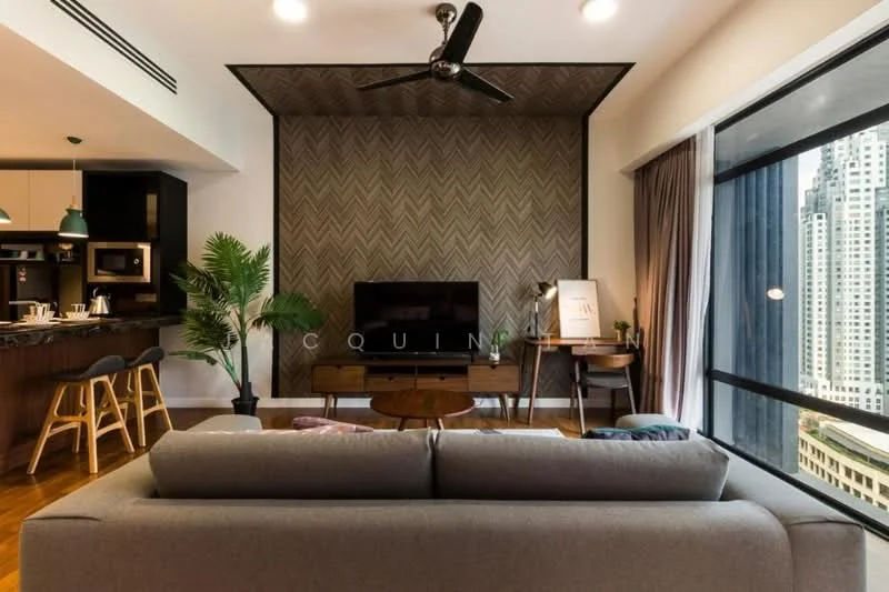 Living features: grey fabric sofa, wooden coffee table, wall-mounted TV, TV console, floor-to-ceiling windows, city view, ceiling fan with light, decorative plant, accent wall with herringbone pattern, wooden flooring, curtains, artwork on easel; style: modern; view: city. Kitchen features: kitchen island with bar stools, stainless-steel appliances, open shelving, dark cabinetry, countertop, recessed lighting; style: modern.
