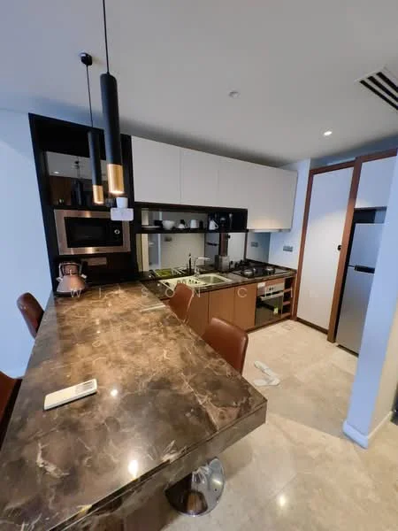 Kitchen features: marble countertop, stainless-steel sink, chrome pull-down faucet, built-in oven, microwave, stainless-steel fridge, flat-panel cabinetry in brown, white upper cabinets, pendant lighting, bar seating with leather chairs, ceramic tile flooring, recessed downlights; style: modern.