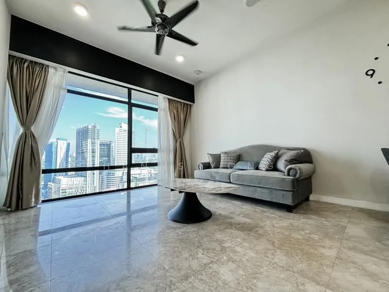 Living features: grey fabric sofa, coffee table with marble top, floor-to-ceiling windows, city skyline view, light-colored walls, marble tile flooring, 5-blade ceiling fan, sheer curtains, decorative wall art; style: modern; view: city.