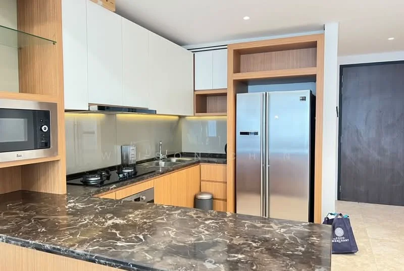 Kitchen features: stainless-steel fridge, built-in microwave, black marble countertop, wood cabinetry, glass shelving, gas stove, sink, under-cabinet lighting; style: modern.