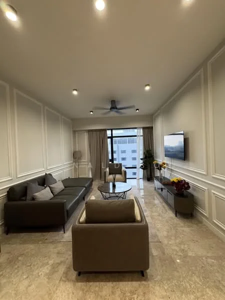 Living features: 3-seater leather sofa in dark brown, 2-seater fabric sofa in light brown, coffee table with glass top, wall-mounted TV, TV console in dark wood, floor-to-ceiling windows, sheer curtains, recessed downlights, 5-blade ceiling fan with light, marble flooring, decorative wall paneling, potted plants, decorative vase with flowers; style: modern; view: city.