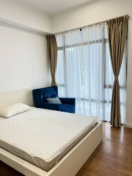Bedroom features: queen-size bed frame without mattress, wooden flooring, floor-to-ceiling windows, sheer curtains, dark brown curtains, blue armchair, decorative pillow on armchair, white painted walls; style: modern.