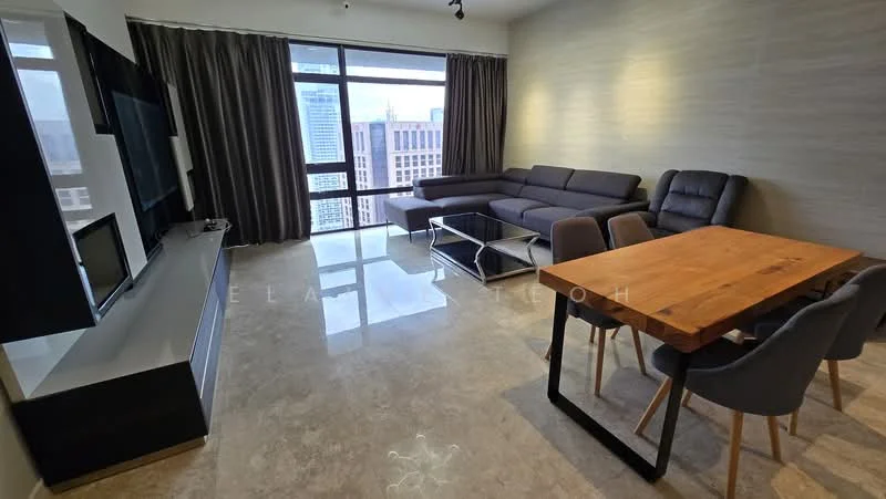 Living features: grey fabric sectional sofa, black leather recliner chair, wood dining table with black metal legs, 4 upholstered dining chairs, flat-screen TV mounted on wall, TV console with storage, large floor-to-ceiling window, curtains in dark grey, marble tile flooring, decorative wall with textured finish, recessed ceiling lights; style: modern; view: city.