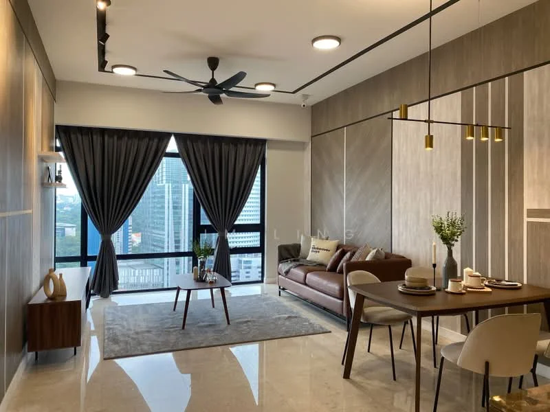 Living features: 3-seater brown leather sofa, area rug with geometric pattern, wooden coffee table, dining table for 4, 4 dining chairs, floor-to-ceiling windows, curtains in dark grey, ceiling fan with light, recessed downlights, decorative vase with flowers, wall-mounted TV, wood panel accent wall, marble tile flooring; style: modern; view: city.