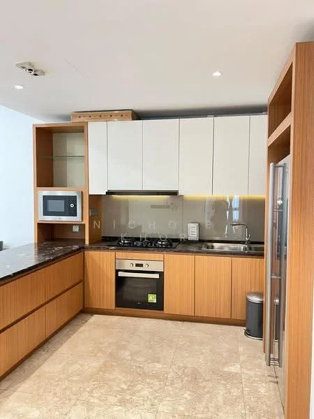 Kitchen features: brown wooden cabinetry, white upper cabinets, black granite countertop, stainless-steel built-in oven, stainless-steel gas hob, stainless-steel sink, chrome pull-down faucet, microwave, refrigerator, tile flooring, under-cabinet lighting, glass backsplash, open shelving; style: modern.