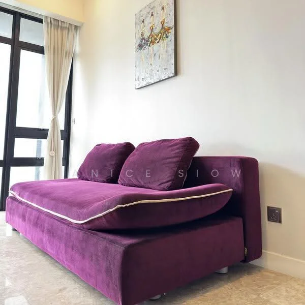 Living features: purple fabric sofa, two back cushions, marble flooring, white painted walls, floor-to-ceiling windows, sheer curtains, framed artwork on wall; style: modern.