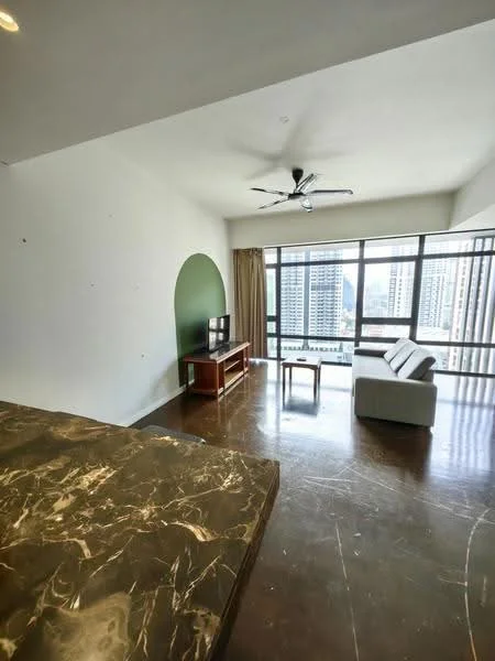 Living features: floor-to-ceiling windows, 3-blade ceiling fan, marble flooring, sofa, coffee table, TV console, wall-mounted TV, curtains, city view; style: modern; view: city.