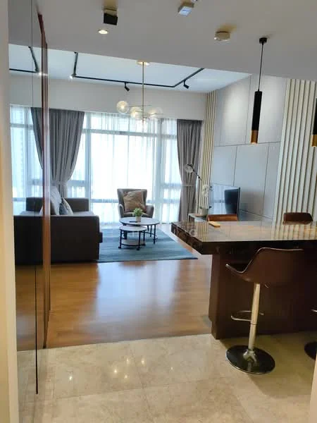 Living features: large floor-to-ceiling windows, grey curtains, 3-seater fabric sofa in brown, coffee table, area rug in blue, TV console, wall-mounted TV, decorative lamp, wooden flooring, recessed downlights, chandelier, accent wall with vertical panels; style: modern; view: city. Kitchen features: kitchen island with bar stools, stainless-steel sink, chrome pull-down faucet, built-in cabinetry, granite countertop, recessed lighting; style: modern.